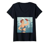 Donna Arte retrò Pin up di Rosie The Riverter Maglietta con Collo a V