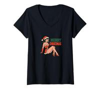 Donna Arte retrò Vintage Merry Christmas Pinup Girl Maglietta con Collo a V