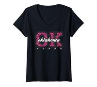 Donna Arte statale Collegiale retrò Oklahoma Cheer Pink Leopard Maglietta con Collo a V