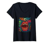 Donna Arte Trippy surreale Viso Pazzo Bocca Alternativa Moda Maglietta con Collo a V
