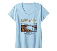 Donna Arte Vintage di New York: Acqua e Luce Inquieta Maglietta con Collo a V