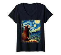 Donna Artistic Red Panda Camicia Van Gogh Notte Stellata Panda Rosso Maglietta con Collo a V