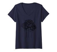 Donna Artistico Mesh Grafica Gotica Rose Nere Maglietta con Collo a V