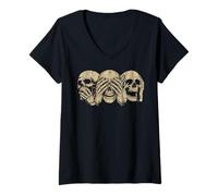 Donna Ascolta No Evil Skulls - Dark Gothic Macabre Horror Maglietta con Collo a V