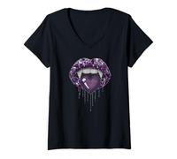 Donna Asexual Vampire Lips Fangs Ace Pride Heart Halloween Maglietta con Collo a V
