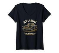 Donna Ash's Garage Hotrod Classic Car Design Personalizzato Maglietta con Collo a V