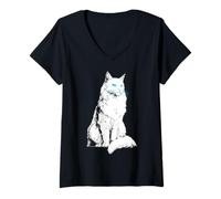 Donna Asiatico-Semi-Longhair Blue Eyes Cat Motif Ritratto Grafico Maglietta con Collo a V