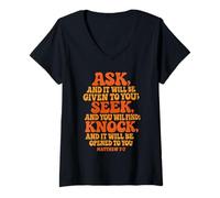 Donna Ask Seek Knock - Versetto della Bibbia Cristiana Maglietta con Collo a V