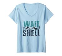 Donna Aspetta, Vedo Una Conchiglia, Raccogliere, Conchiglie, Conchiglie, Spiaggia Maglietta con Collo a V