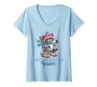 Donna Aspettando l'inverno Natale Procione Bere Vino Amore Maglietta con Collo a V
