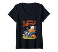 Donna Aspettando solo il conto alla rovescia per Halloween Spooky Skeleton Summer Maglietta con Collo a V