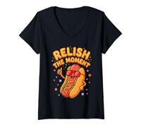 Donna Assapora Il Momento Sorridente Frankfurter Foodie Maglietta con Collo a V
