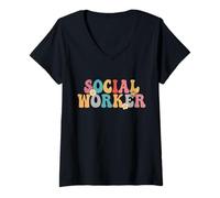 Donna Assistente sociale Retro Groovy Scuola Assistente sociale Maglietta con Collo a V