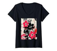 Donna Astratto Floreale Graffiti Street Art Giapponese Rosa Nero Maglietta con Collo a V