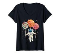 Donna Astronauta Caramelle Lecca Lecca Spazio Dolce Fantasia Maglietta con Collo a V