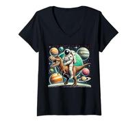 Donna Astronauta E Dinosauro nello Spazio Pianeti Stelle T-Rex Galaxy Maglietta con Collo a V