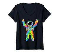 Donna Astronauta Galaxy Tie Dye Segno della Pace Spazio Divertente Astronauta Maglietta con Collo a V