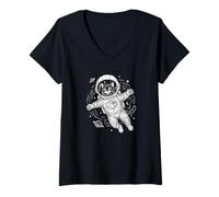 Donna Astronauta Gatto nello Spazio Design per Gli Amanti degli Animali Domestici Maglietta con Collo a V