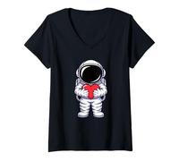 Donna Astronauta Holding Cuore Simbolo Spazio Maglietta con Collo a V