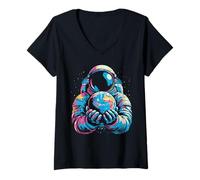 Donna Astronauta Holding Earth Spaceman Planet Space Uomini Donne Bambini Maglietta con Collo a V