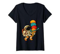 Donna Astronauta Holding Planet Ice Cream Cone Divertimento Colorato Maglietta con Collo a V