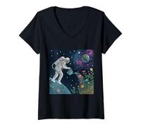 Donna Astronauta Irrigazione Fiori nello Spazio Esterno Maglietta con Collo a V