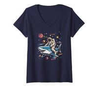 Donna Astronauta Kawaii Equitazione Squalo nello Spazio Estate Addict Waves Maglietta con Collo a V