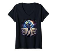 Donna Astronauta Luna Terra Spazio Esplorazione Maglietta con Collo a V