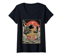 Donna Astronauta Mangiare Ramen Noodles Spazio Cucina Giapponese Arte Maglietta con Collo a V