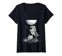 Donna Astronauta Pesca nello Spazio Bianco e Nero Line Art Maglietta con Collo a V