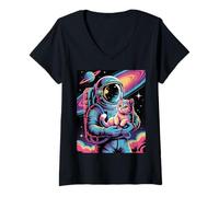 Donna Astronauta retrò Che Tiene Il Gatto nello Spazio Retrowave Synthwave Maglietta con Collo a V
