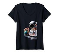 Donna Astronauta Tenendo Funghi Terra Surreale Sci-Fi Natura Arte Maglietta con Collo a V