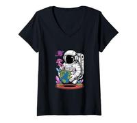 Donna Astronauta Tenendo Funghi Terra Surreale Sci-Fi Natura Arte Maglietta con Collo a V