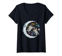 Donna Astronauti Luna Swing Pianeti Spazio Galassia Universo Colorato Maglietta con Collo a V