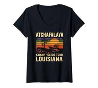 Donna Atchafalaya Gator Tour Camicia Louisiana Palude Boat Tramonto Maglietta con Collo a V