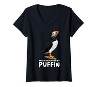 Donna Atlantic Puffin Muffin Seabird Easily Distracted By Puffin Maglietta con Collo a V