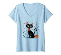 Donna Atomic Stars Kitschy MCM - Tazza da caffè con gatto retrò Maglietta con Collo a V