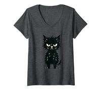 Donna Atteggiamento Grumpy Black Cat Maglietta con Collo a V