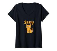 Donna Atteggiamento retrò Sassy Cat Maglietta con Collo a V
