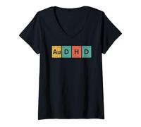 Donna AuDHD Tavola Periodica Autismo+ADHD per Nerd Retro Distressed Maglietta con Collo a V