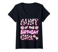 Donna Aunt of the Birthday Girl Shirt Farm Mucca Auntie Party Maglietta con Collo a V