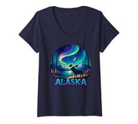 Donna Aurora boreale dell'Alaska Visualizzazione di Aurora Alaska Vacation Moose Maglietta con Collo a V