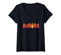 Donna Aurora On Fire - Parola Artistica con Nome e Scritta Cute Custom Maglietta con Collo a V