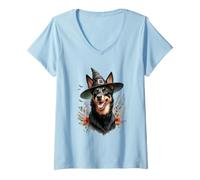 Donna Australian Kelpie Dog Halloween Acquerello Opera d'Arte Maglietta con Collo a V
