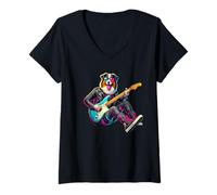 Donna Australian Shepherd Chitarra elettrica Divertente Cane Rock Band Animale Domestico Maglietta con Collo a V