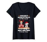 Donna Australian Shepherd Christmas To The World Best Dog Mom Xmas Maglietta con Collo a V