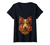 Donna Australian Shepherd Fiori Autunno Arte Floreale Estetica Autunno Maglietta con Collo a V