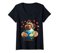 Donna Australian Terrier Dog Earth Day Abbraccio amore proprietario Planet Globe Maglietta con Collo a V
