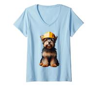 Donna Australian Terrier Dog Yellow Hard Hat Casco Worker Proprietario Maglietta con Collo a V