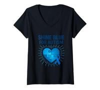 Donna Autism Awareness Blue Ribbon Puzzle Cuore Maglietta con Collo a V